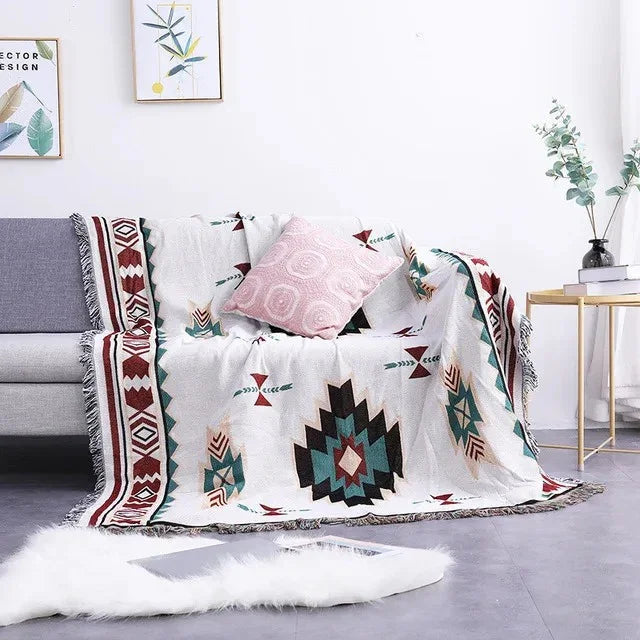 Bohemian Plaid Deken Met Aztec Patroon En Decoratieve Franjes