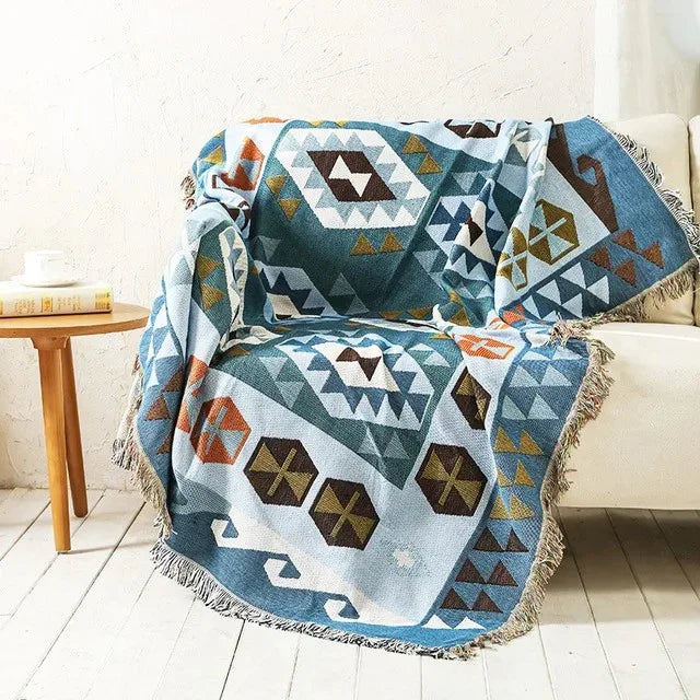 Bohemian Plaid Deken Met Aztec Patroon En Decoratieve Franjes