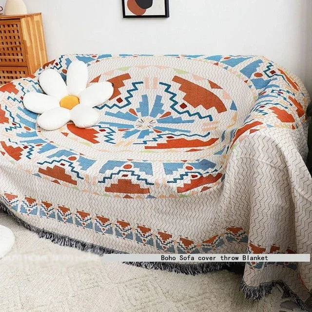 Bohemian Plaid Deken Met Aztec Patroon En Decoratieve Franjes