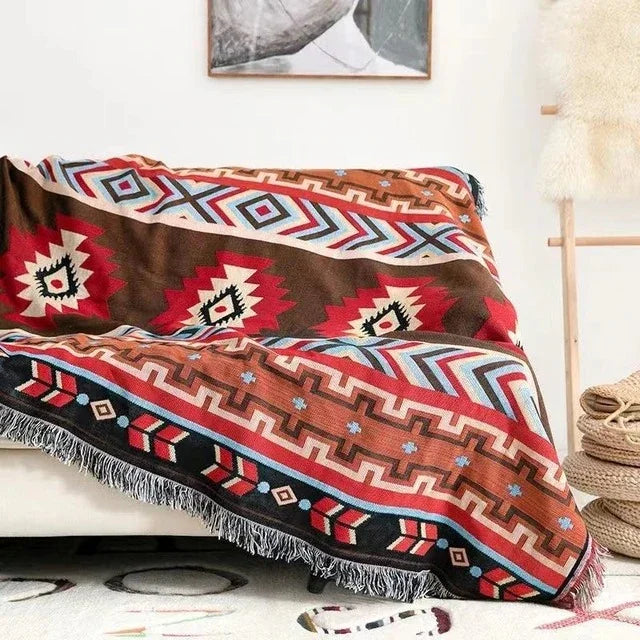Bohemian Plaid Deken Met Aztec Patroon En Decoratieve Franjes