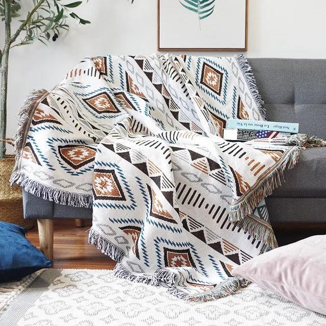 Bohemian Plaid Deken Met Aztec Patroon En Decoratieve Franjes