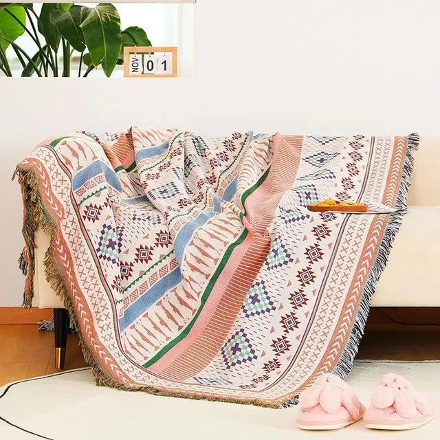 Bohemian Plaid Deken Met Aztec Patroon En Decoratieve Franjes