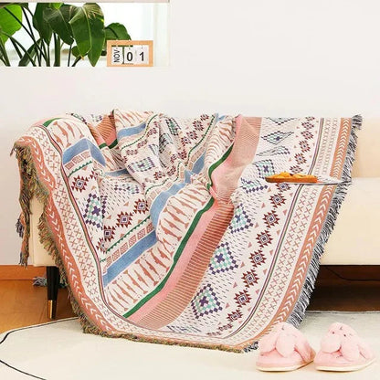 Bohemian Plaid Deken Met Aztec Patroon En Decoratieve Franjes