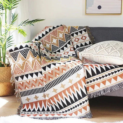 Bohemian Plaid Deken Met Aztec Patroon En Decoratieve Franjes