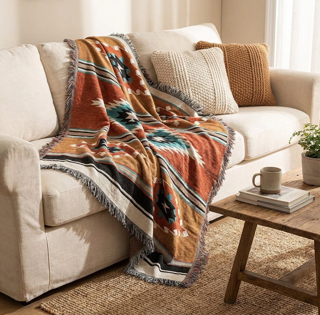 Bohemian Plaid Deken Met Aztec Patroon En Decoratieve Franjes
