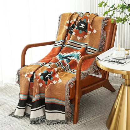 Bohemian Plaid Deken Met Aztec Patroon En Decoratieve Franjes