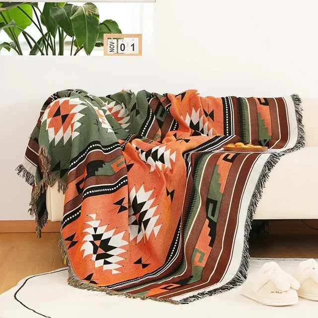 Bohemian Plaid Deken Met Aztec Patroon En Decoratieve Franjes