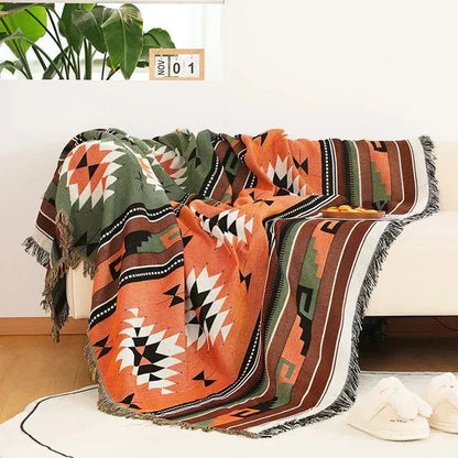 Bohemian Plaid Deken Met Aztec Patroon En Decoratieve Franjes