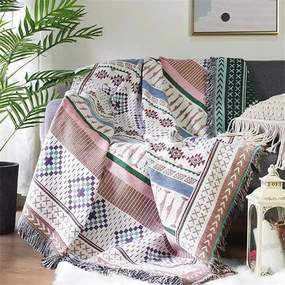 Bohemian Plaid Deken Met Aztec Patroon En Decoratieve Franjes