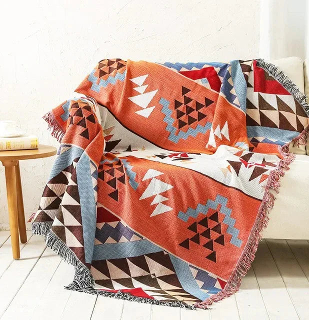 Bohemian Plaid Deken Met Aztec Patroon En Decoratieve Franjes