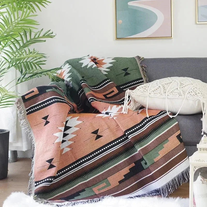 Bohemian Plaid Deken Met Aztec Patroon En Decoratieve Franjes