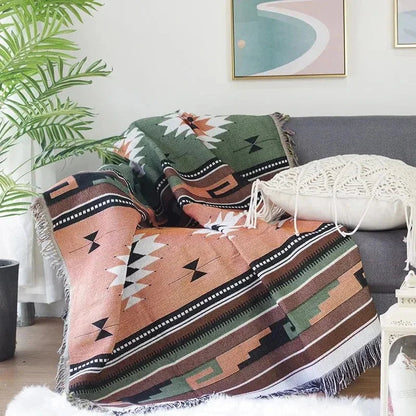 Bohemian Plaid Deken Met Aztec Patroon En Decoratieve Franjes