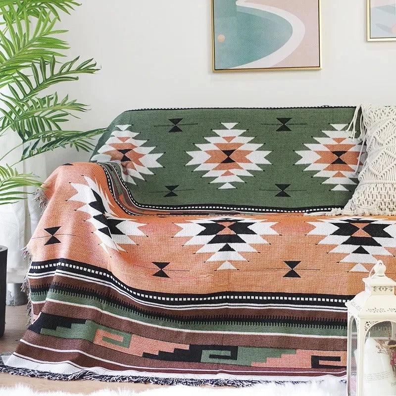 Bohemian Plaid Deken Met Aztec Patroon En Decoratieve Franjes