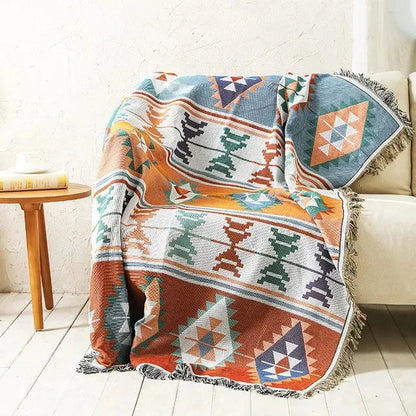 Bohemian Plaid Deken Met Aztec Patroon En Decoratieve Franjes