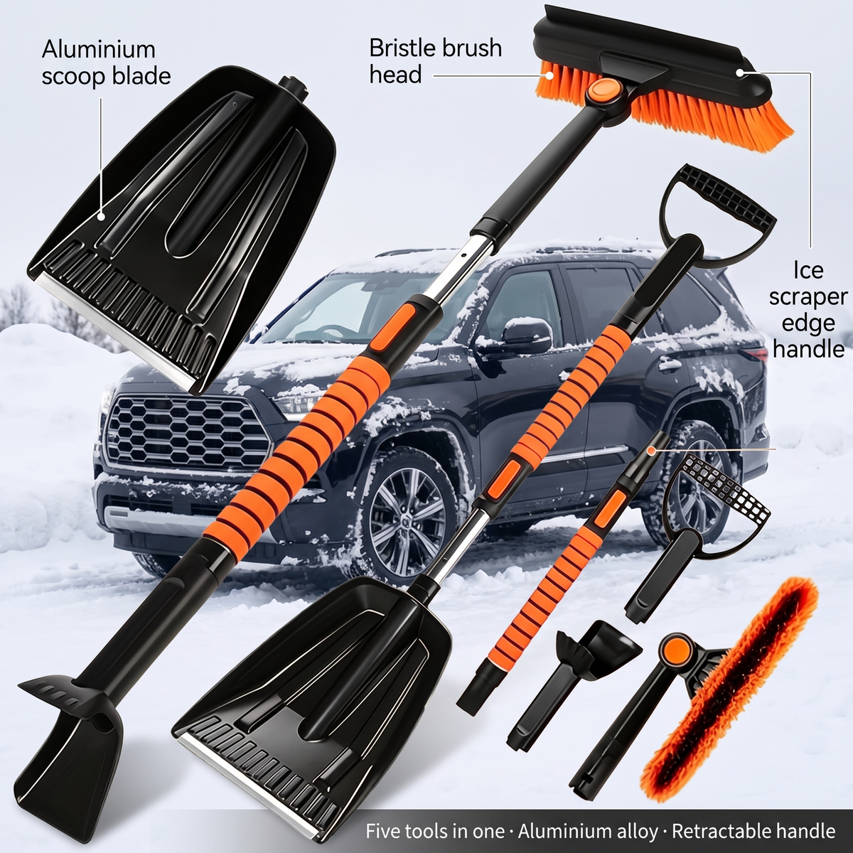 5-in-1 Sneeuwruimset voor Auto met Telescopische Steel