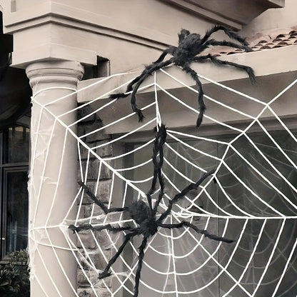 Halloween Decoratieset met 2 Grote Spinnen en Elastisch Spinnenweb