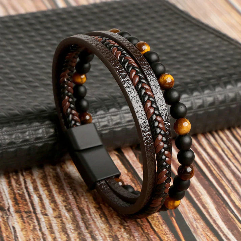 Heren Armband van Leer en Stenen Kralen met Magneetsluiting – 2 Stuks