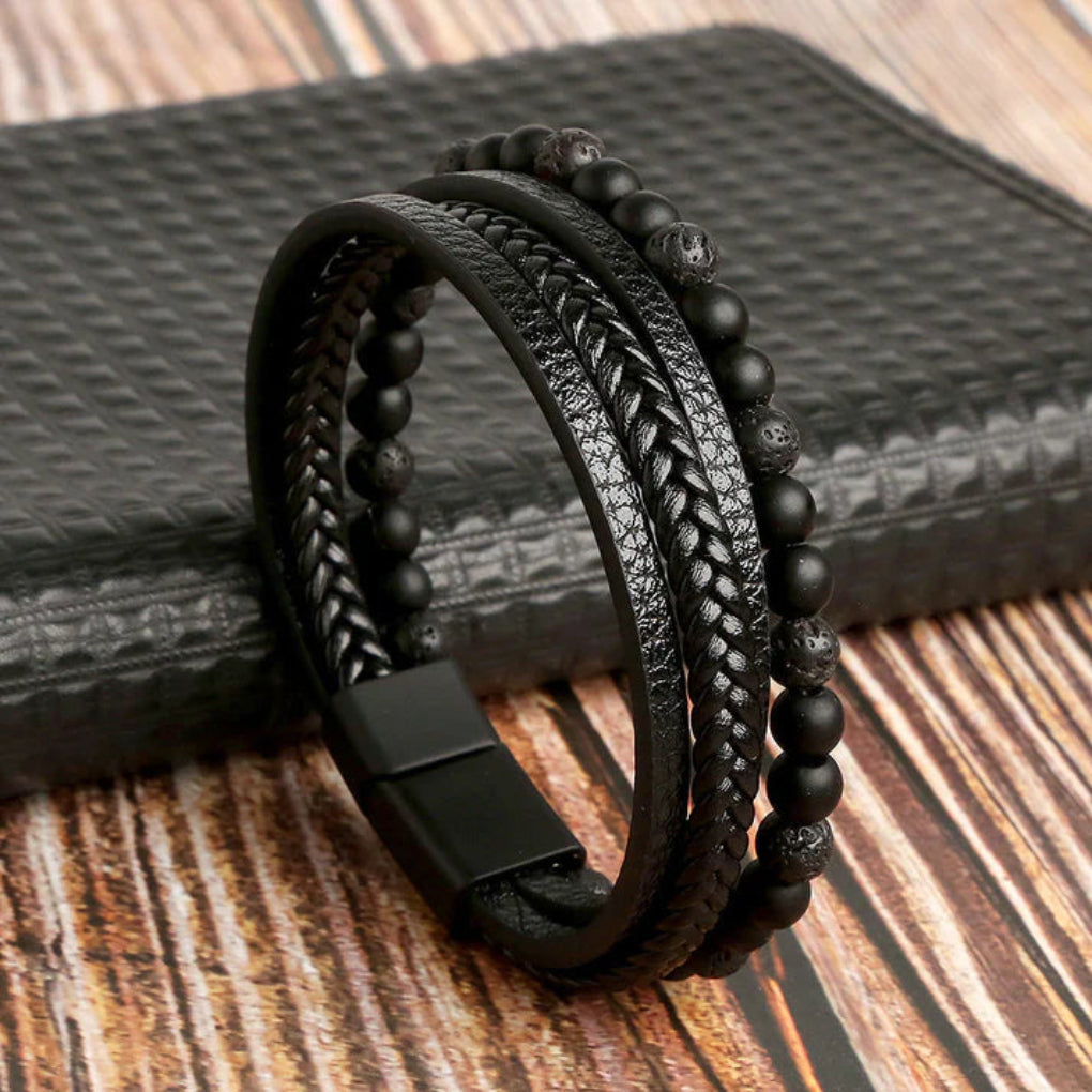 Heren Armband van Leer en Stenen Kralen met Magneetsluiting – 2 Stuks