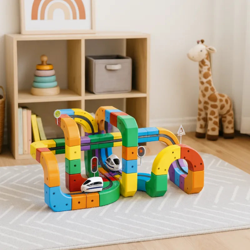 Educatief 3D‑Treincircuit Met Kleurrijke Bouwonderdelen